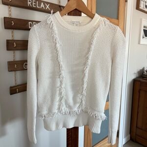 Club Monaco White Fringe Trim Cotton Knit Crewneck Sweater Women's Medium EUC